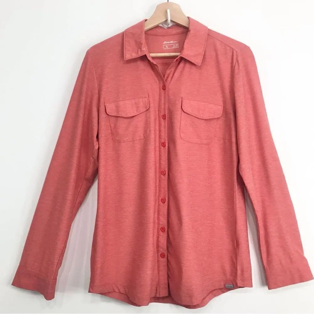Eddie Bauer Orange Roll Long Sleeve Button Up Stretch Performance Travel Shirt